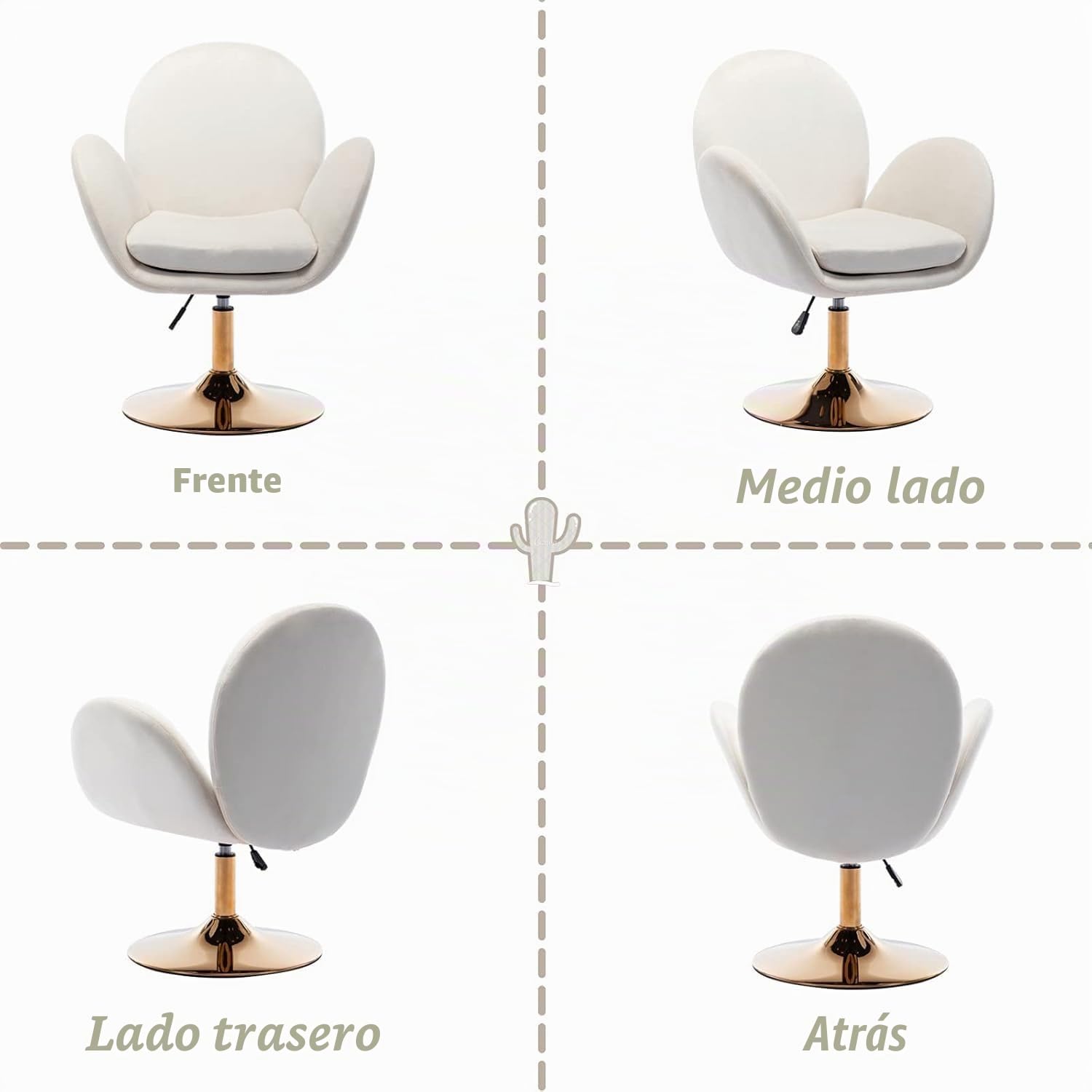 Sillón reclinable Regulable en Altura, Giratorio 360°, sillón de Maquillaje, Silla giratoria, Silla tapizada con Base Dorada de Terciopelo para Dormitorio, salón, tocador, Beige