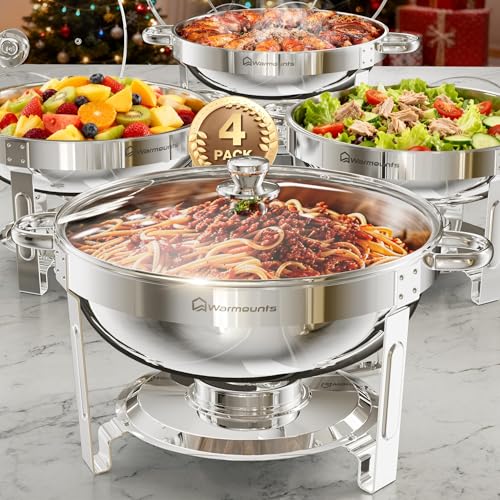 Warmounts 5QT Chafing Dish Buffet Set 4 Pack, Round Chafing Dishes for Buffet with Glass Lid & Lid Holder, Serving Utensils, Stainless Steel Chafers for Catering for Dinner, Parties, Wedding, Camping