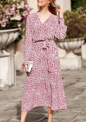 Image of PRETTYGARDEN Women's Floral Boho Dress Fall Long Sleeve Wrap V Neck Ruffle Flowy Maxi Spring Wedding Guest Vacation Dresses
