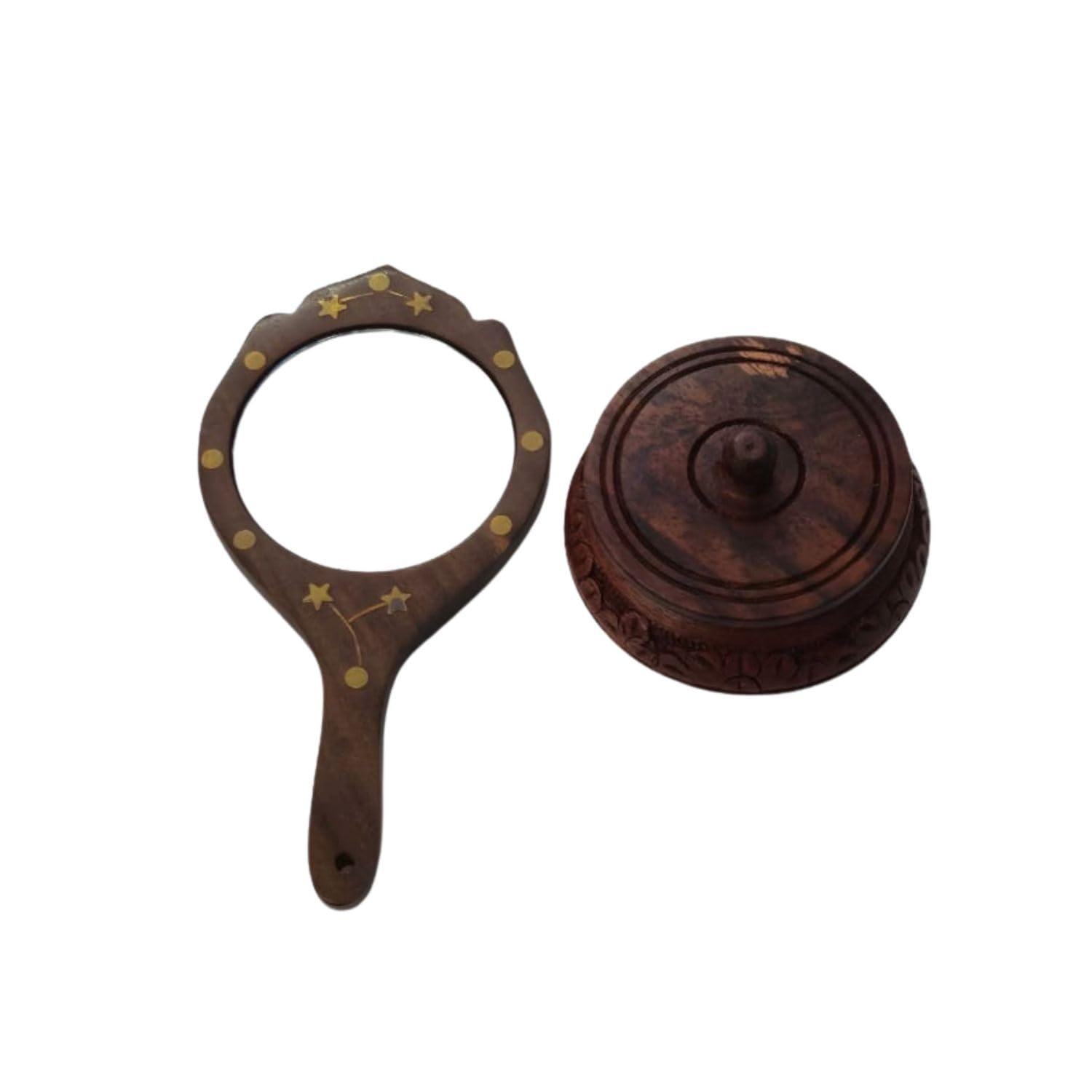 Handcrafted Wooden Hand Mirror & Sindoor Box Set – Brass Inlay Mirror with Carved Round Box, Traditional Vanity-image-26