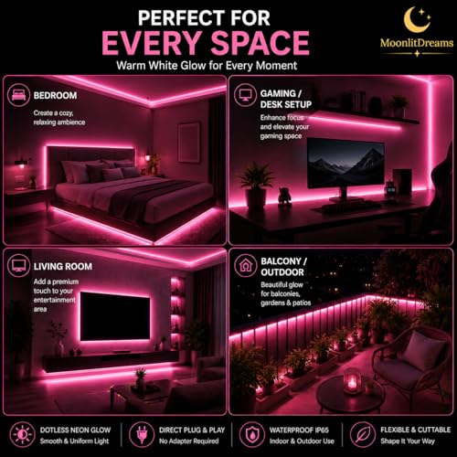 Image of MoonlitDreams 2M Neon LED Strip Light 240 LEDs (120 LED /M) - 10mm Thick, 2X Bright Glow, Direct Plug 220V No Adapter, Waterproof Flexible Rope Light for Home, Bedroom, Room Decor, DIY & Party (Pink)