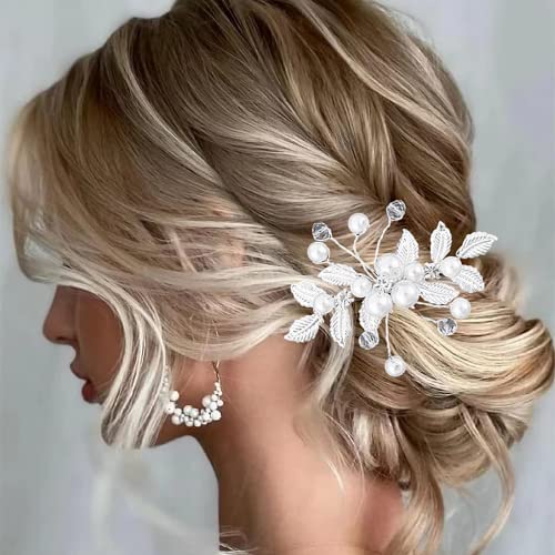 ISLHJDD 4個 ブライダルヘアピン パールヘアピン パール フローラルクリスタル ヘアアクセサリー ウェディングヘアアクセサリー 花嫁 ブライドメイド フラワーガール用 (シルバー)（Amazon）