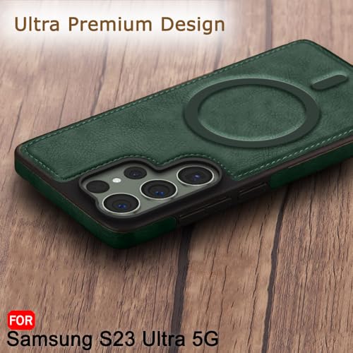 Image of TheGiftKart Genuine Leather Finish Back Cover Case for Samsung Galaxy S23 Ultra 5G | Raised Edges for Camera & Screen Protection | Shockproof Stunning Minimalist Design (MagSafe Compatible, Green)
