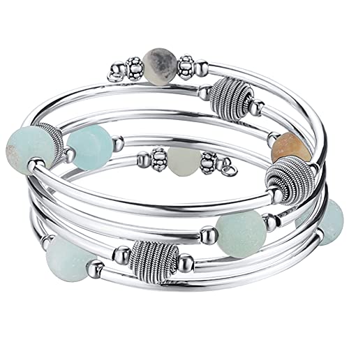 Pearl&Club Beaded Chakra Bangle Turquoise Bracelet - Fashion Jewelry Wrap Bracelet With Thick Silver Metal And Mala Beads, Birthday Gifts For Women (Agate Green) #TOP28