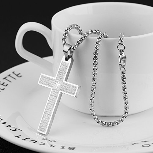 Hzman Stainless Steel Mens Womens Cross Necklace Lord's Prayer Pendant, 4 Colors Available (Silver) #TOP4