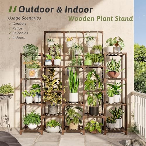 Image of Snazzy Wood Plant Stand Indoor Outdoor 63 inch Tall Plant Shelf for Plants 14-Tier Large Plant Sheves for Living Room Rack Garden Balcony Patio Hanging Planter
