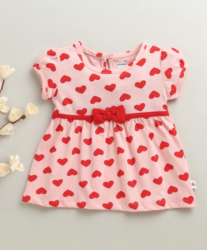 Image of BUMZEE Baby Girls Regular Fit Half Sleeves Round Neck Cotton Knee Length Fit & Flare Dress