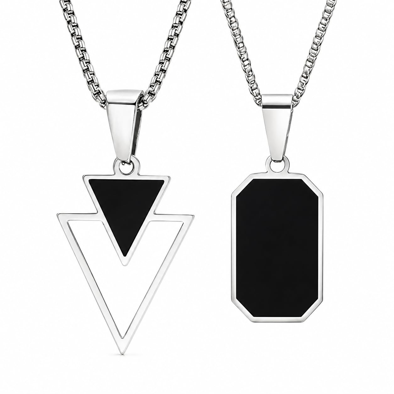 Unisex Stainless Steel Necklace Combo, Double Triangle Pendant and Black Rectangular Dog Tag Chain Set, 2 Count, Medium-image-1