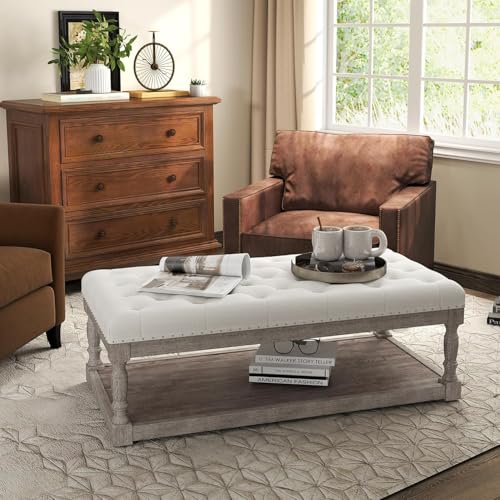 Cuzobro Rectangular Upholstered Tufted Linen Fabric Ottoman Bench, Padded Bench with Solid Wood Shelf-Linen, Comes with Storage, Coffee Table, Tufted Living Room Design(Ivory