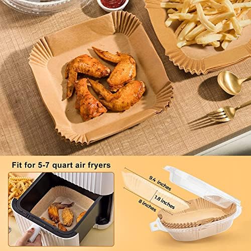 Air Fryer papier do pieczenia, 100 szt., kwadratowa frytkownica powietrzna, jednorazowy papier, nieprzywierający, wodoodporny, odporny na olej, pergaminowy, spożywczy, akcesoria do pieczenia, smażenia, gotowania (20-24 cm)