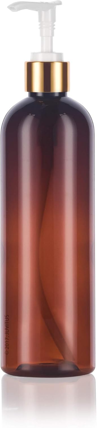 JUVITUS 12 oz Amber Slim Tall Boston Round Plastic PET Bottle (BPA Free) with Gold Lotion Pump (12 pack)