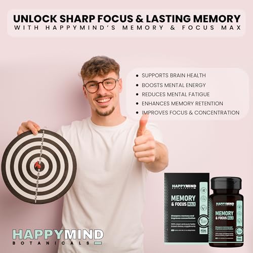 Image of HappyMind Botanicals Memory & Focus Max | Ayurvedic Brain Booster Supplement for students & Adults | Improves memory, concentration, Focus & clarity | Shankhpushpi, Brahmi, Ginkgo | 60 Vegan Tablets