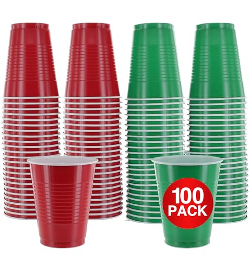AMCRATE Disposable Cups Red & Green Colored - 18 oz Plastic Party Cups Sturdy & Durable for Christmas Party 100 Pack