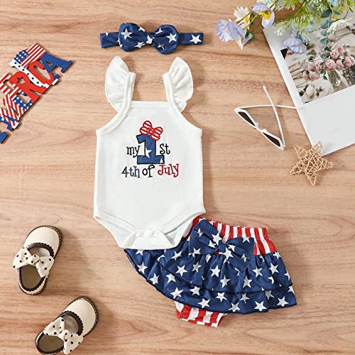 My First 4th of July Baby Girl Outfit Camiseta regata sem mangas, shorts e faixa de cabeça, conjunto