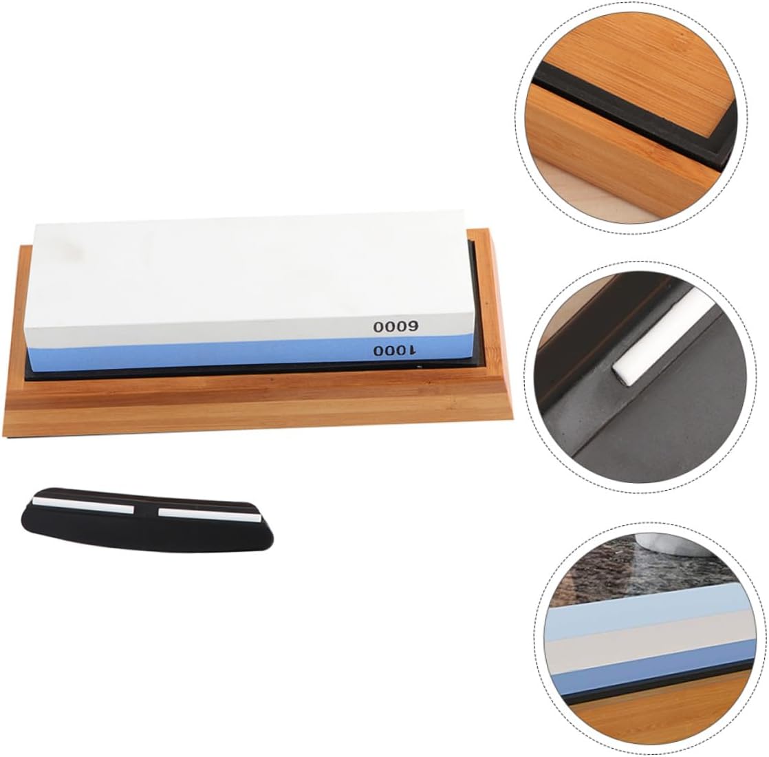 TEHAUX Double-sided 1000/6000 Grit Whetstone Sharpening Stone Set with Silicone Pad, Base, Angle Guide, and Truing Stone for Household Kitchen Knife and Scissors Sharpening – 5 Pieces