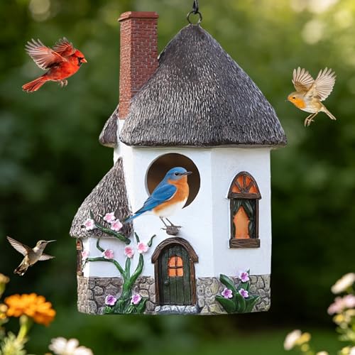 Bird Houses for Outside Rustic Cottage Birdhouse with Chimney Thatch Roof Hand-Painted Resin Birdhouses for Outdoors for Bluebird Finches Cardinals Bird Nesting Garden Patio Yard