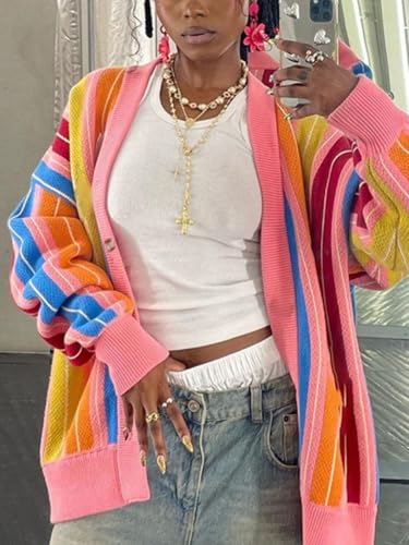 HOULENGS Women's Casual Long Sleeve Rainbow Striped Cardigan Sweaters V Neck Button Down Color Block Knit Loose Sweater Coat2