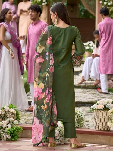 Image of INDO ERA Women's Off White Silk Blend Embroidered Straight Kurta Pant And Dupatta Set (IEOUT6962)