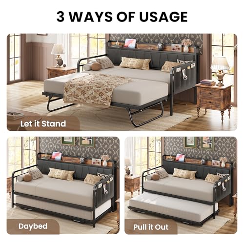 Image of LIKIMIO Twin Daybed, Day Bed with Trundle, Storage Upholstered Headboard and Charging Station, Trundle Bed with Strong Supports for Living Room, Bedroom, and Guest Room, Grey