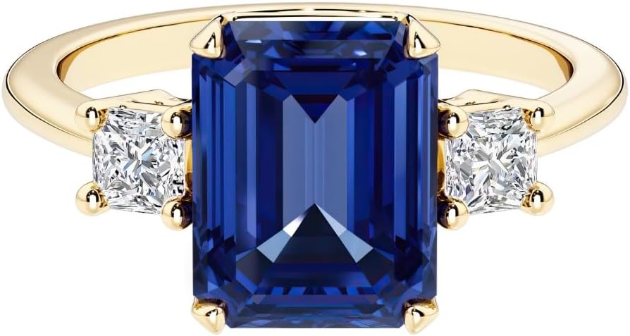 Solid 14k White or Yellow Gold 3.50 Carats Emerald Cut Lab Grown Blue Sapphire Ring with Princess Cut Diamond Sides, 3 Stone Engagement, September Birthstone, Birthday, Anniversary, Wedding Gift for Women, w/ Jewelry Box, Sizes 4-10
