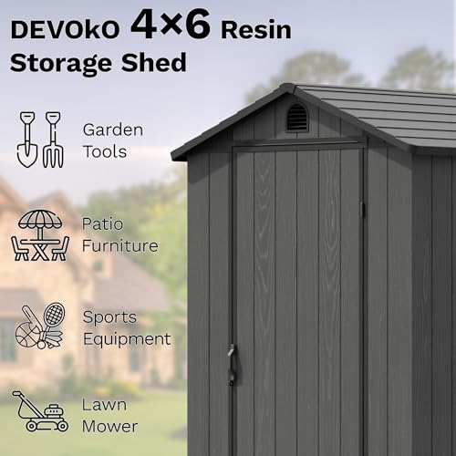 Image of Devoko 4x6 FT Resin Storage Sheds with Floor, Plastic Outdoor Garden Shed with Windows and Lockable Doors, Waterproof Outside Tool Sheds for Patio Backyard Lawn, Dark Gray