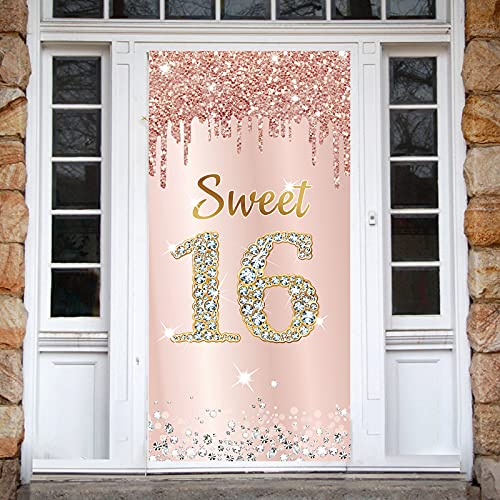 Image of Sweet 16 Birthday Door Banner Backdrop Decorations for Girls, Pink Rose Gold Happy 16th Birthday Party Door Cover Sign Supplies, Sixteen Year Old Birthday Poster Photo Booth Props Decor