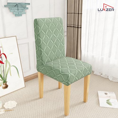 Image of Lukzer Elastic Dining Chair Cover - 6PC Pastel Green Diamond Pattern | Textured High Stretch Jacquard Seat Cover | Removable Washable Short Dining Chair Cover Protector Seat Slipcover | (CC-153-6)