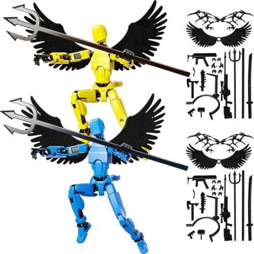 Image of 2-Piece Set Dummy 13 Action Figure, Desktop Decorations for Creative Display, DIY Assembly Toys with Articulated Joints, Blue and Yellow Figures with Wings and Weapons Set