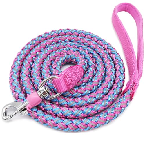 Mycicy 2/3/4/6/10 ft Reflective Dog Leash Strong Nylon Rope Braided Heavy Duty for Large Medium Small Dogs Walking Training Leads (Pink, 6ft * 1/2')