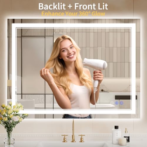 Image of 30 inchx40 inch LED Bathroom Mirror with Lights, Anti-Fog, Backlit + Front Lit, Dimmable, Led Vanity Mirror for Wall, Lighted Bathroom Mirror, 3 Colors, Shatter-Proof Tempered Glass