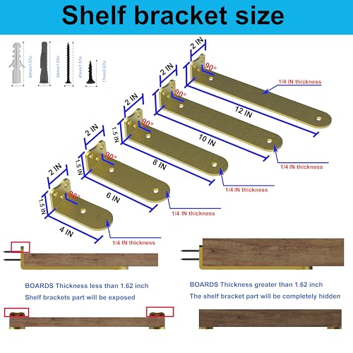 Floating Shelf Bracket, 8 Inch (1/4 in Thick) Glod Shelf Bracket,4 Pack Hidden Shelf Brackets,L Brackets for Shelves,Suitable for Kitchen, Study and Various DIY Occasions,Holds Over 200lb+(8IN Glod) by Neevolve - Used condition - Image 2