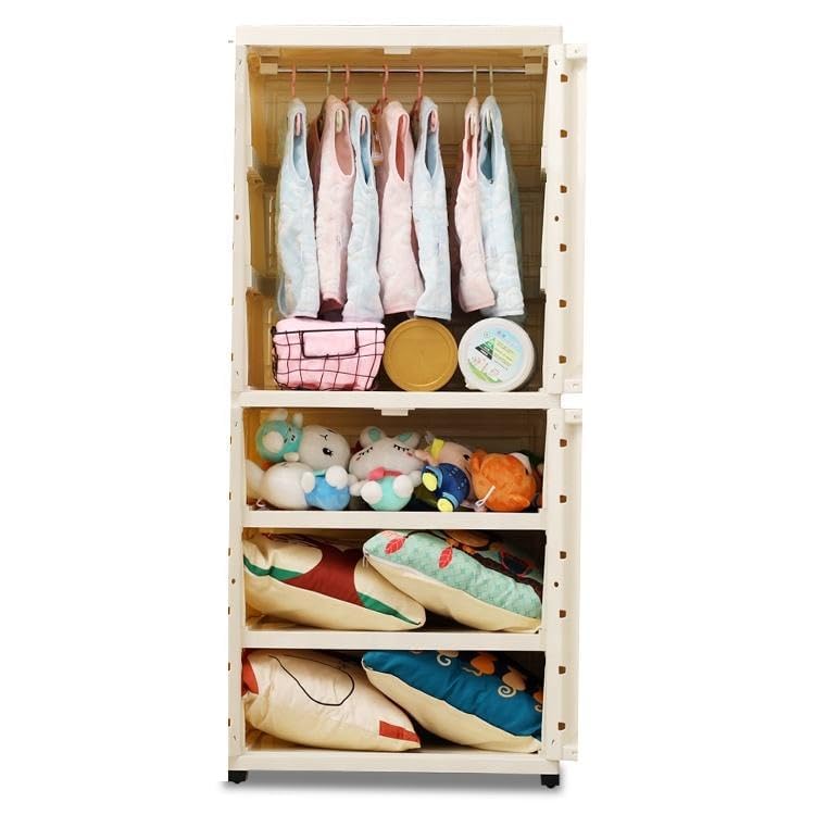 Image of EXVITO Plastic Wardrobe for Cloth with Drawers & Hanging Rod | Cupboard for Clothes Storage | Foldable Collapsible Plastic Almirah | Cabinet for Bedroom for Livingroom (Beige, 4 Door)
