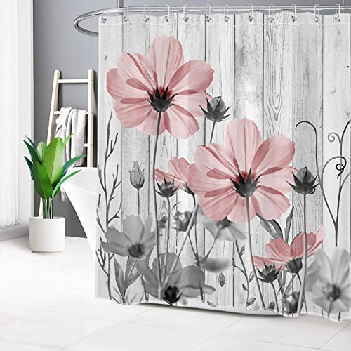 Aueea Vintage Floral Pink Shower Curtain For Bathroom Decor, Rustic Farmhouse Grey Flower On Vintage Wood Boards Bathroom Shower Curtain Sets Wildflower Polyester Fabric Bathroom Curtain, 72X72 Inch #TOP1