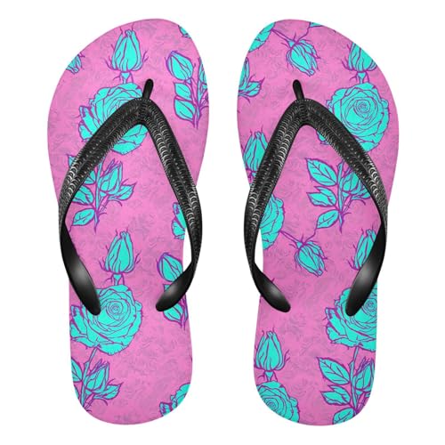 Sinestour Rose Floral Pink Flip Flops for Beach Thong Sandals Anti-slip Lightweight Flat Slippers for Summer Travel Swim