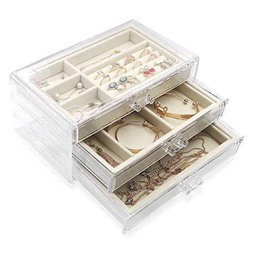 Acryl Samt Schmuck Organizer 3 Schubladen, Schmuck Organizer für Ohrring Armreif Armband Halskette und Ringe Lagerung Clear Jewellery Box Ohrringhalter