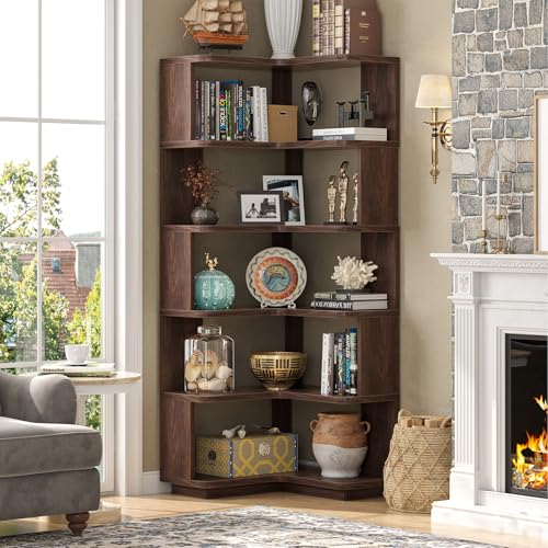 Armocity Corner Book Shelf - 6 Tier Corner Bookshelf Etagere Bookcase with Baffle, Freestanding L Shaped Display Shelf Stand for Home Office, Living Room, Bedroom, Kitchen, Black Walnut