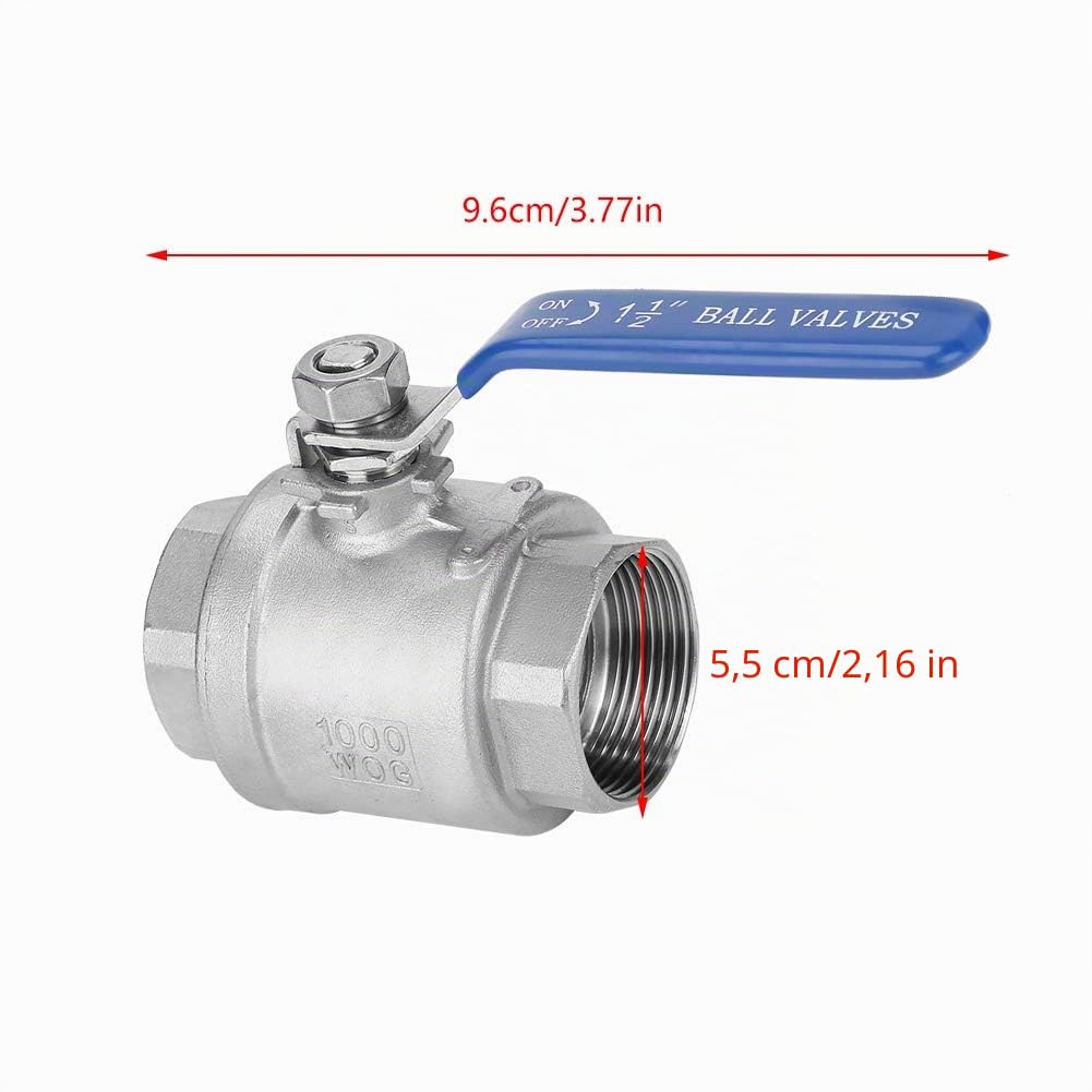 Akozon Robinet à Boisseau Sphérique 1-1/2" DN40 1000 WOG Robinets à Tournant Sphérique Filetage Femelle Acier inoxydable 304 à Deux Pièces avec Poignée