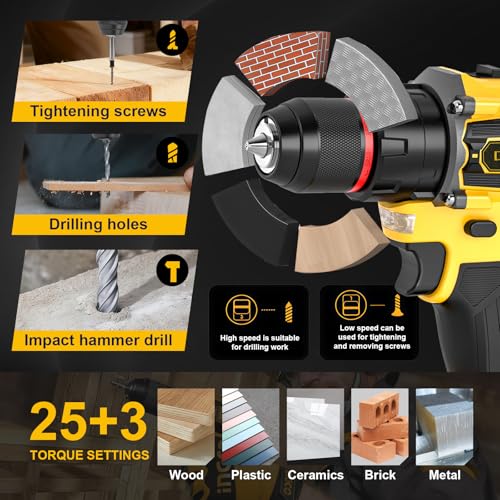 Brushless Cordless Hammer Drill Set, 21V Impact Drill Driver and Screwdriver Set with 2 Batteries, 25+3, 10mm Heave Duty DrillChuck, 2 Speed Power Combi Battery Drill Set with 87 Accessories for DIY - Image 3