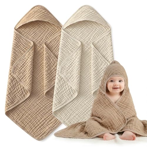 Image of Hooded Baby Bath Towels for Newborn, 2 Pack - 6-Layer 100% Muslin Cotton, Soft Absorbent Baby Towels with Hood for Babies, Infants & Toddlers, Large 32x32 Inch Unisex Newborn Baby Bath Essentials