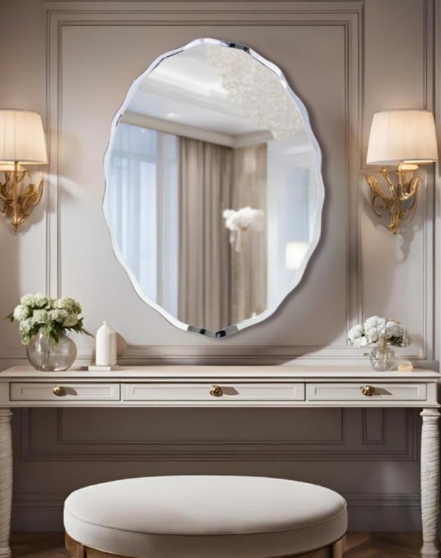 Image of 12x18 Inch Wave Cut Edge Wall Mirror | Frameless Decorative Mirror with 5mm HD Glass for Bathroom, Vanity, Entryway & Bedroom | Modern Floating Glass Design