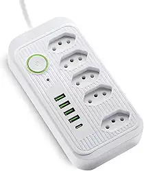 Extensão 5 Tomadas Filtro de Linha Régua de Energia Elétrica Cabo 2 Metros 4 USB e 1 USB-c Bivolt 110-220V Potência de 2500W e Carregamento Inteligente Premium