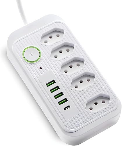 Extensão Elétrica 5 Tomadas, Filtro de Linha, Régua de Energia 4 Portas USB, 1 Porta Tipo-C Cabo 2 M