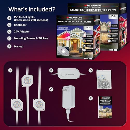 Image of Monster Smart Permanent Outdoor Lights, 150ft, 108 LED Eaves Lights, RGB+IC+WW, Weather & Water Resistant, App & Voice Control, Compatible with Alexa and Google, for Patios, Gardens & Year-Round Use