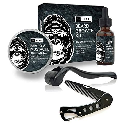 uLab Ultimate Gorilla Beard Growth Kit with Derma Roller, Beard Oil, Beard Balm and Foldable Styling Comb - Gift Set for Men For Beard Growth, Styling and Care - Contains Microneedle Titanium Roller Cover