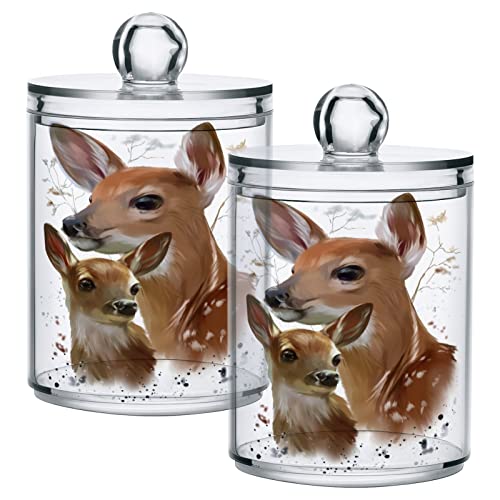 2 Pack Qtip Dispenser Apothecary Jars Bathroom Organizer, Wild Life Sika Deer Qtip Holder Storage Canister Plastic Acrylic Jar for Cotton Ball/Swab/Rounds