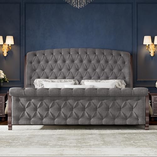 Image of AMERLIFE Upholstered King Bed Frame, 53 inch Tall Sleigh Bed with Button Tufted Chenille Headboard and Footboard, Platform Bed with Carved Solid Wood Legs, No Box Spring Needed, Dark Gray