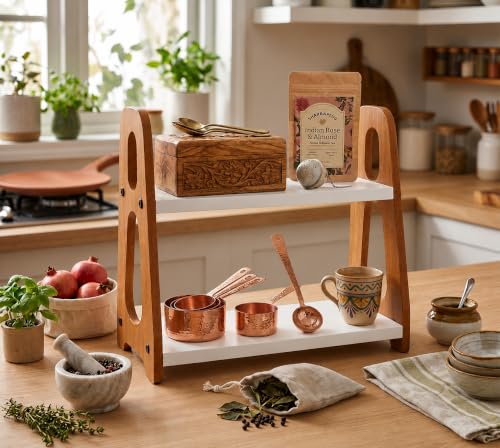 Image of 2 Tier Wooden Spice Rack Organizer for Kitchen Counter | Multipurpose Coffee Station Organizer Shelf | Countertop Storage Rack for Spices, Cups, Jars & Home Decor