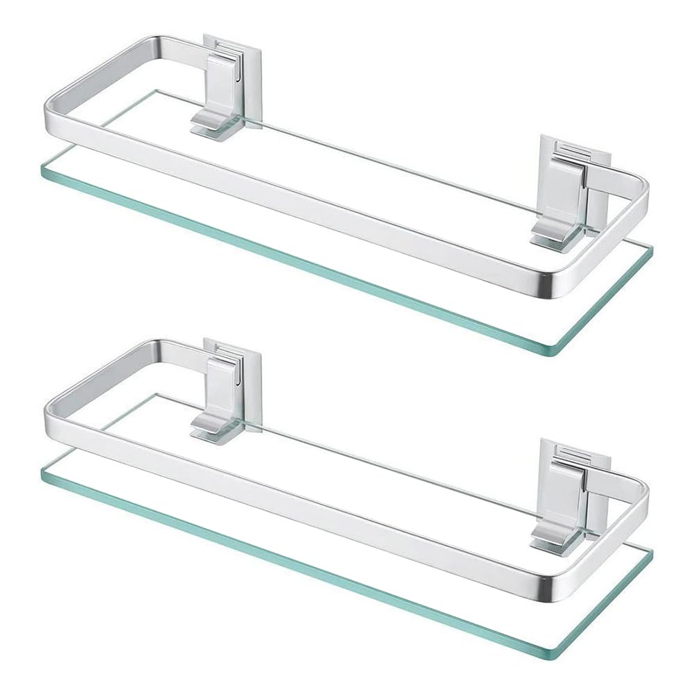 Bathroom Glass Shelf Aluminum Tempered Glass 8MM Extra Thick 2 Pack Rectangular 1 Tier Storage Organizer Wall Mount Silver