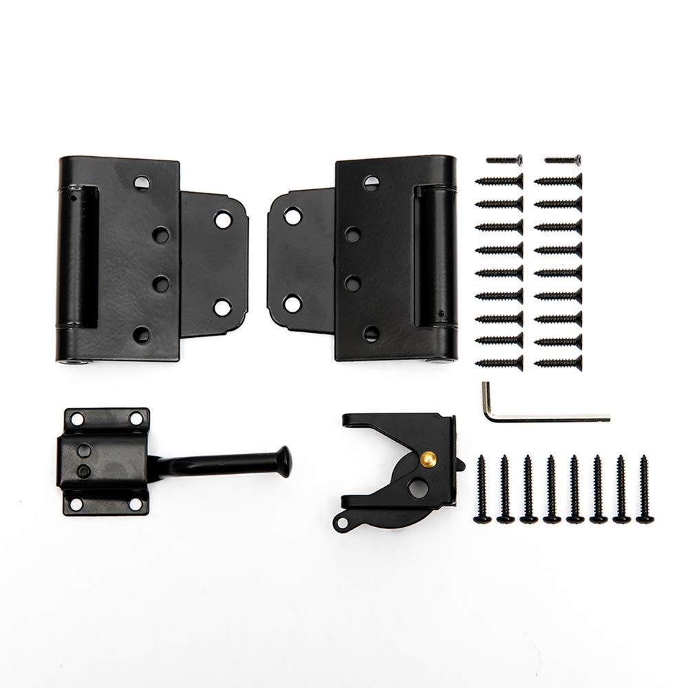 HOME MASTER HARDWARE Self-Closing Gate Kit Black - 3.5 in Spring Tee Hinges 2 Pack + Self-Adjusting Gate Latch 1 Pack