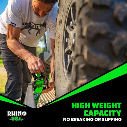 Image of Rhino USA Retractable Ratchet Straps (4-Pack) - 2 Inch x 10 Feet (3,033lb Break Strength) - Heavy Duty Auto Self Retracting Tie Down Straps for Truck, Cargo Trailer, Motorcycle, Rad & More - Green